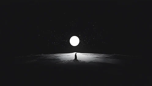 Solitary figure under luminous moon on stark horizon.