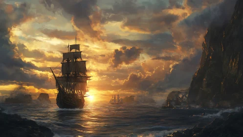 Golden-sailed tall ship gliding into a glowing ocean sunset.