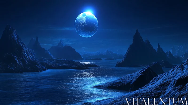 Lunar tideworld dreamscape under a sapphire alien moon.