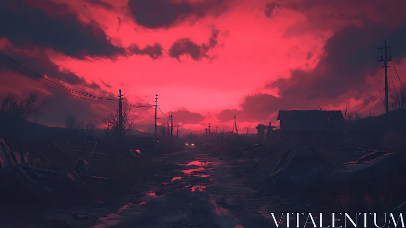 Crimson storm sky over flooded postapocalyptic roadway.