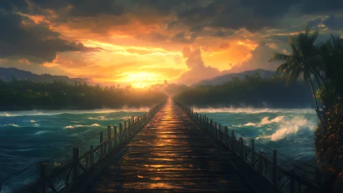 Linear wooden bridge bisects stormy river under volumetric sunset sky