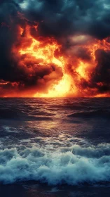 Vertical seascape shows illuminated storm clouds over ocean