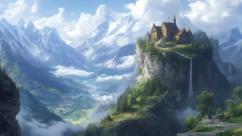 Mountain fortress crowns misty cliff above vast valley.