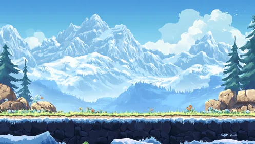 Snowy mountain game landscape with rocky forest foreground.