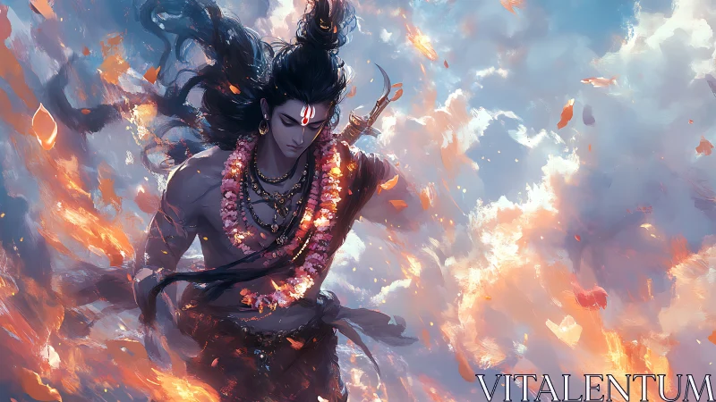Warrior figure moves through cloud and fire filled atmosphere
