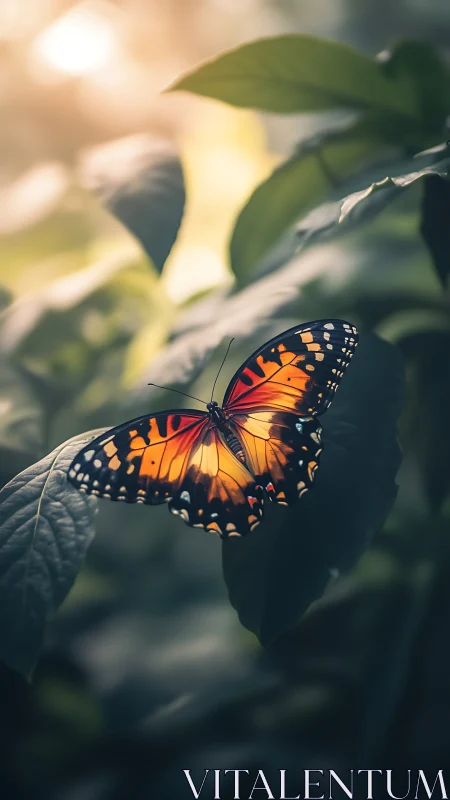 Gentle forest butterfly resting in soft golden sunlight.