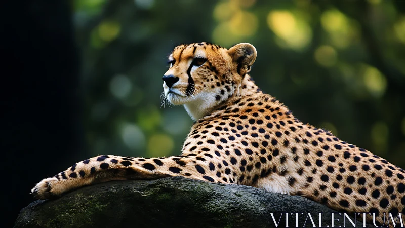 Resting cheetah on rock with shallow depth and dappled bokeh