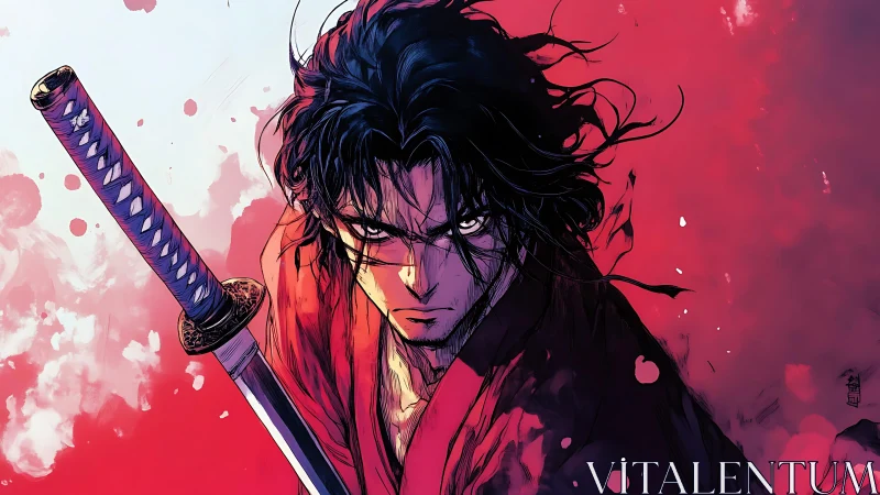 Brooding samurai stands amid red splashes of rage and resolve.