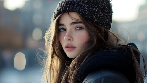 Young woman in knit beanie on cold city street portrait.