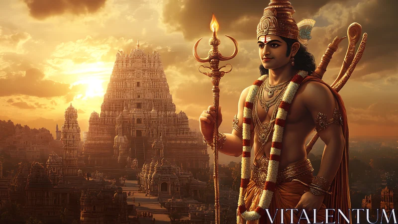 Sun-forged guardian before towering golden temple spires.