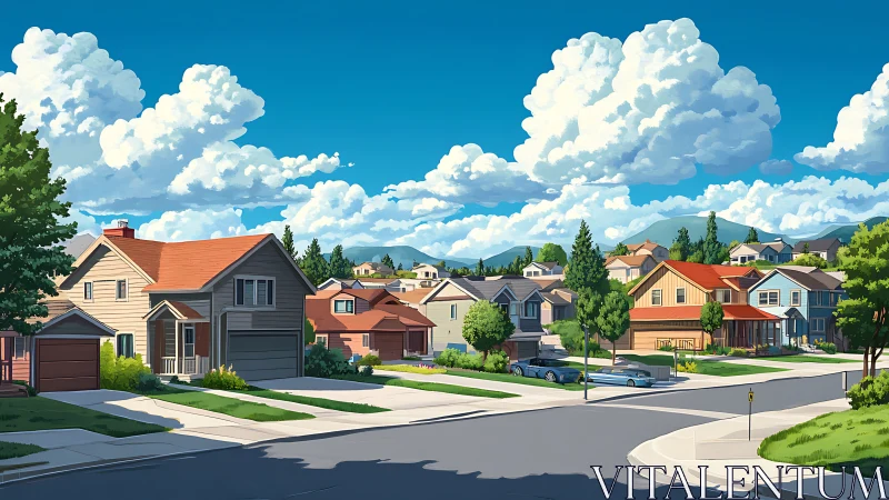 Sunny suburban street glows under bright clouds and blue sky
