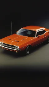 Orange classic two-door coupe on dark gradient background.