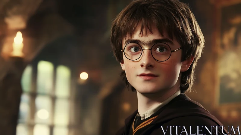 Young robed boy with round glasses in soft interior light.