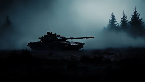 Midnight war machine glides through ghostlit battlefield fog.