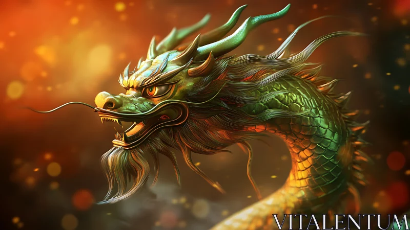 Radiant emerald dragon curls through glowing golden light