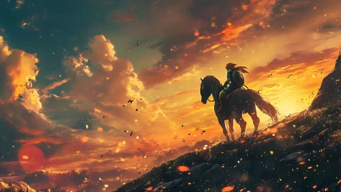 Solitary rider on hillside at sunset under luminous clouds