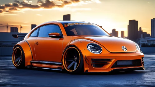 Modified orange Volkswagen Beetle on rooftop at sunset.