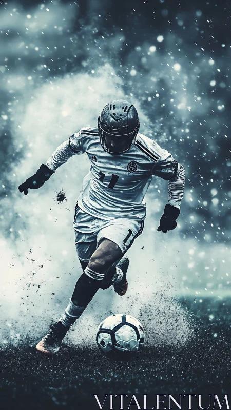 Storm-sprinting striker carving light through icy snowfall.