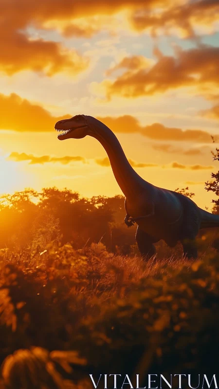 Long-necked dinosaur strides through blazing sunset field