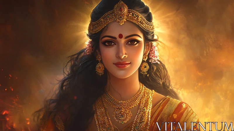 Divine Indian goddess portrait in golden ethereal light.