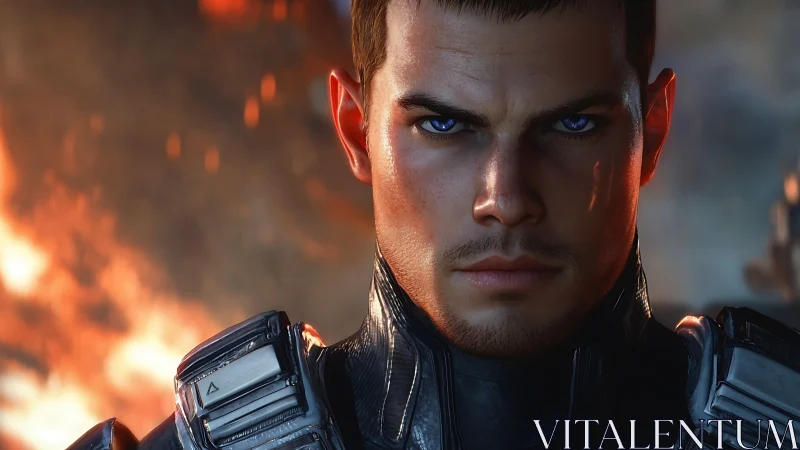 Armored soldier with intense stare before burning backdrop.