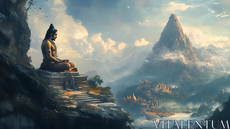 Meditating figure overlooks distant mountain and valley settlement