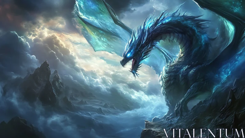 Stormlit ice dragon roars above jagged fantasy mountains
