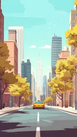 Yellow taxi drives through sunny city street with trees
