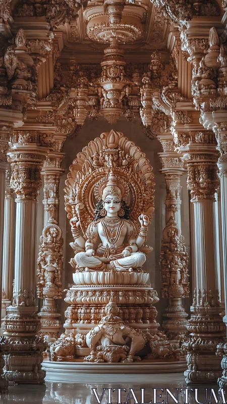 Golden temple goddess in a calm halo of ornate carvings.