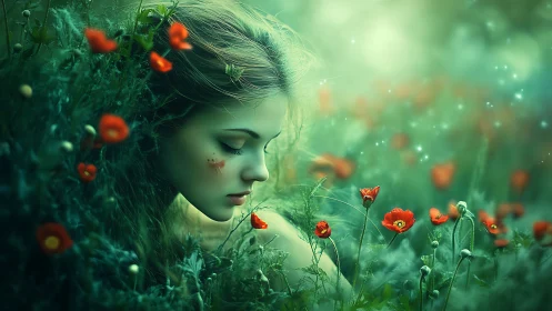 Forest nymph rests amid glowing poppies in misty meadow
