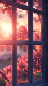 Window frame divides view of pink blossoms at low sunset
