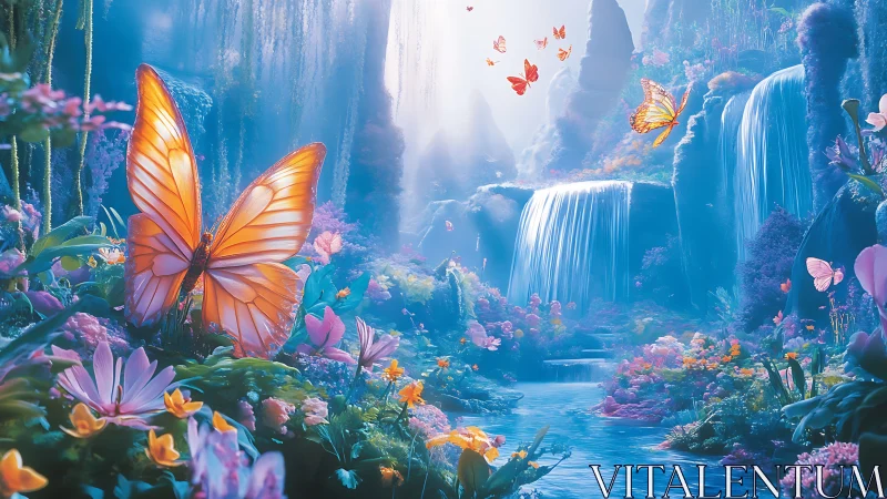 Luminous butterflies drift above crystal waterfalls garden.