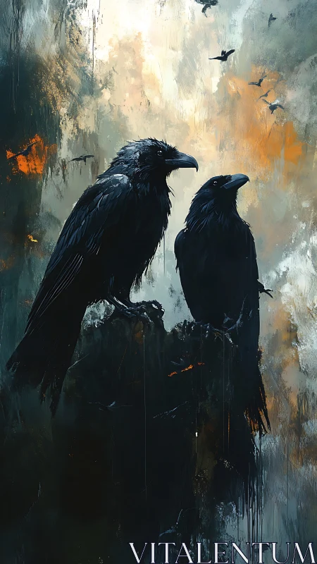 Twin ravens brood over stormlit abstract sky. Period.