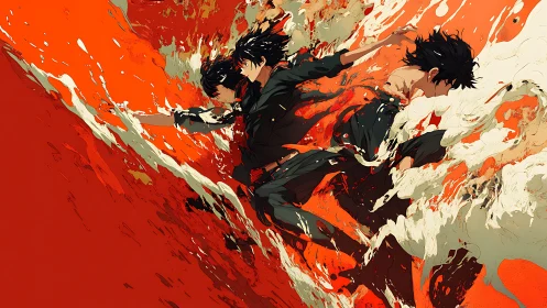 Figures in dark clothing within dynamic red motion field.