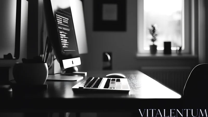 Monochrome desktop workstation with coding monitor in focus.