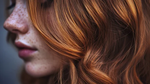 Copper curls drift softly past a freckled, dreaming profile