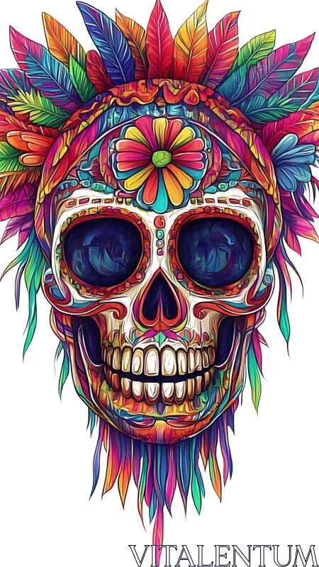 Radiant sugar skull crowned with wild rainbow feathers.