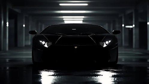 Black supercar front view dominates dim parking garage