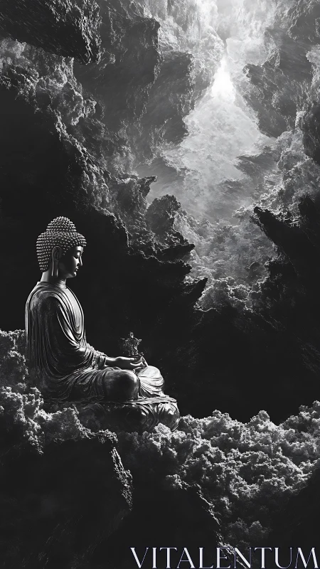 Monochrome digital painting of meditative Buddha in cloud cavern.