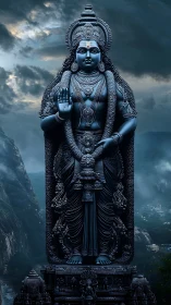 Tall blue deity statue stands before misty mountain valley