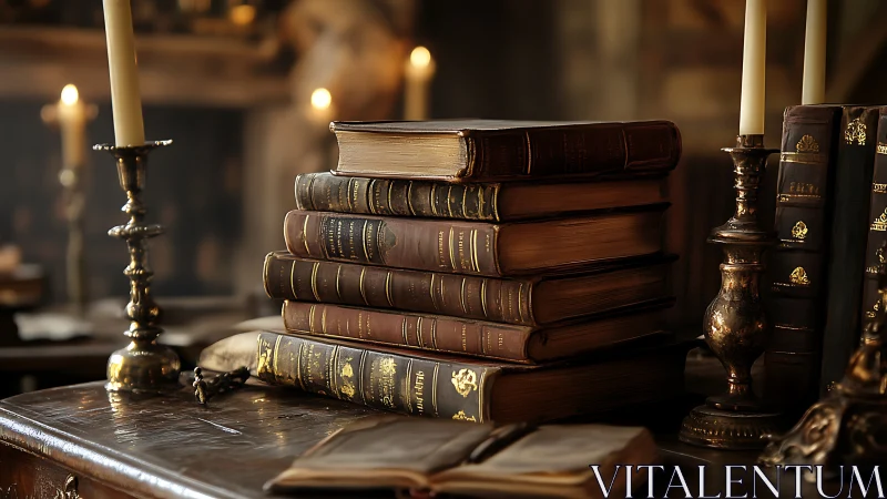 Stacked leather-bound books are arranged on a wooden desk
