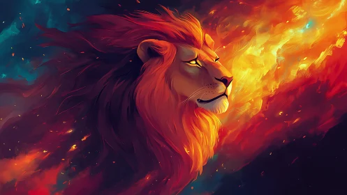 Lion of fire and starlight drifting through dusk skies.