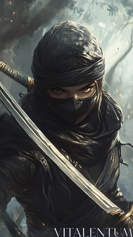 Stealthy hooded ninja with drawn katana in forest light.