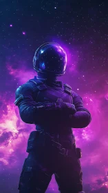 Neon astronaut silhouette against glowing cosmic nebula.
