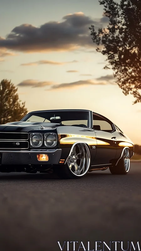Restomod black Chevy Chevelle SS at sunset, low-angle view