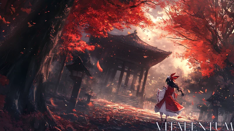 Crimson leaves whirl as a shrine maiden approaches twilight