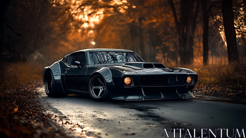 Bold custom muscle car glides through a quiet autumn road