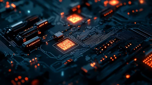 Glowing circuit board heart with warm futuristic energy.