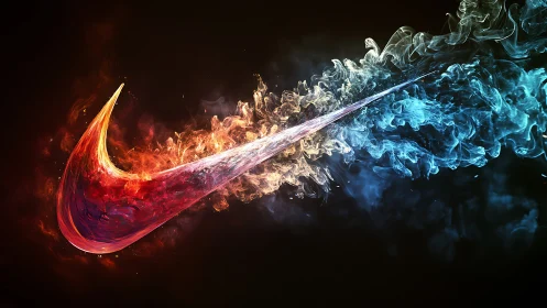 Fiery red swoosh collides with cool blue smoke trail.