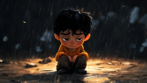 Rainy evening wraps a lonely boy in a soft, golden glow